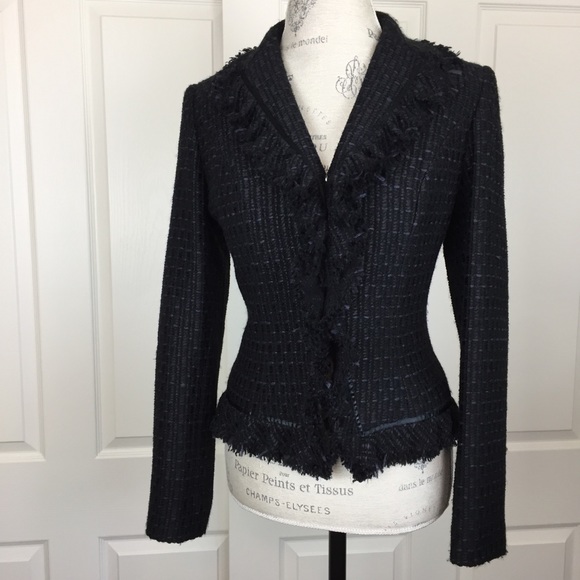 Etcetera Jackets & Blazers - ETCETERA Black Tweed Ruffle Fringe Edge Blazer